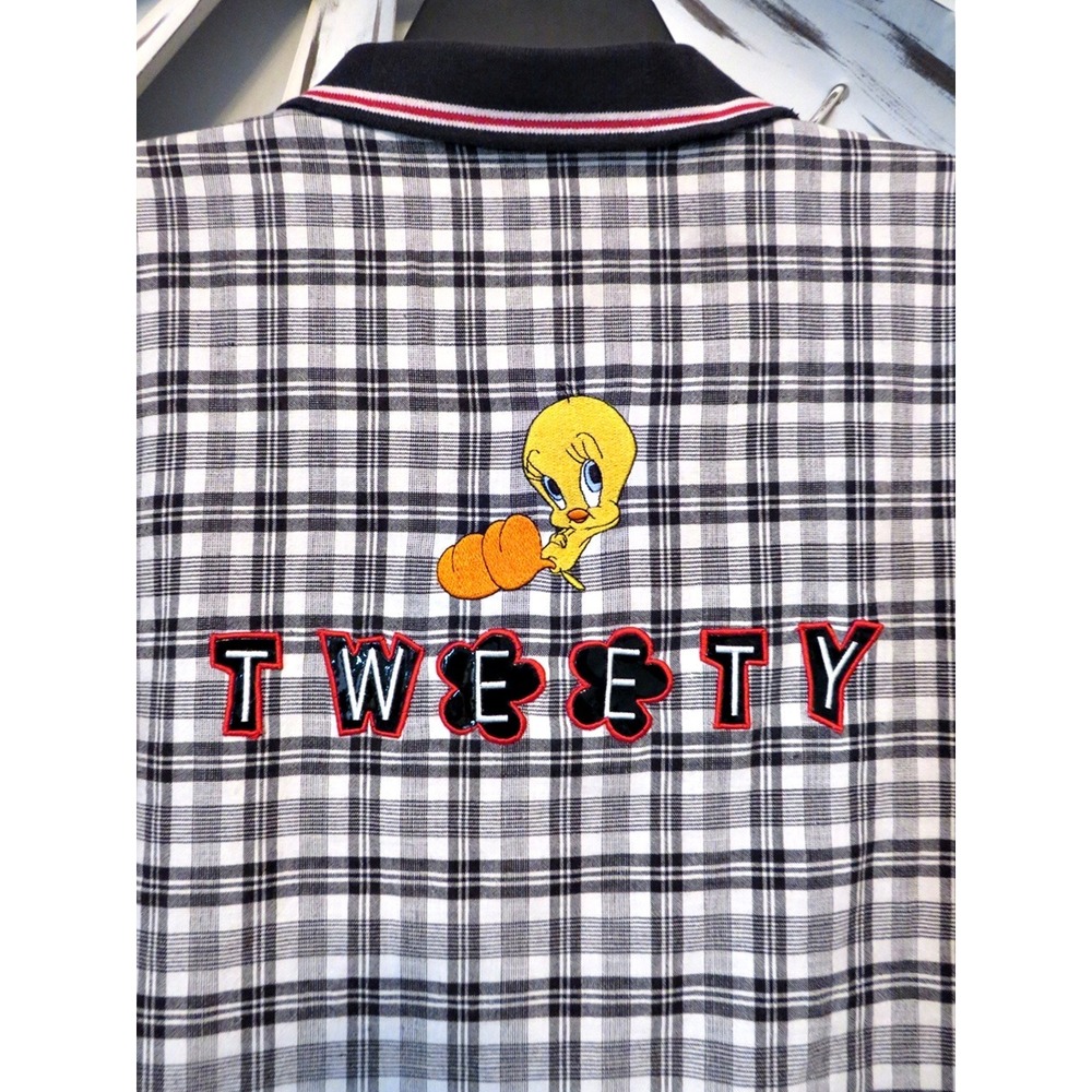 VTG Warner Bros Studio Tweety Bird S/M Plaid Zip Shirt Embroidered Looney Tunes